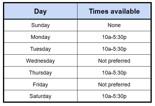 Available hours chart - Monday, Tuesday, Thursday, Friday, or Saturday from 10 a.m. to 5:30 p.m.