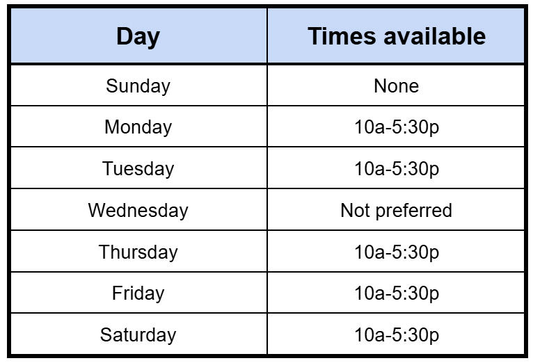 Available hours chart - Monday, Tuesday, Thursday, Friday, or Saturday from 10 a.m. to 5:30 p.m.